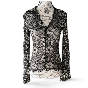 90s Black & Silver Lace Zip Up Y2K Holidays Elegant Blouse